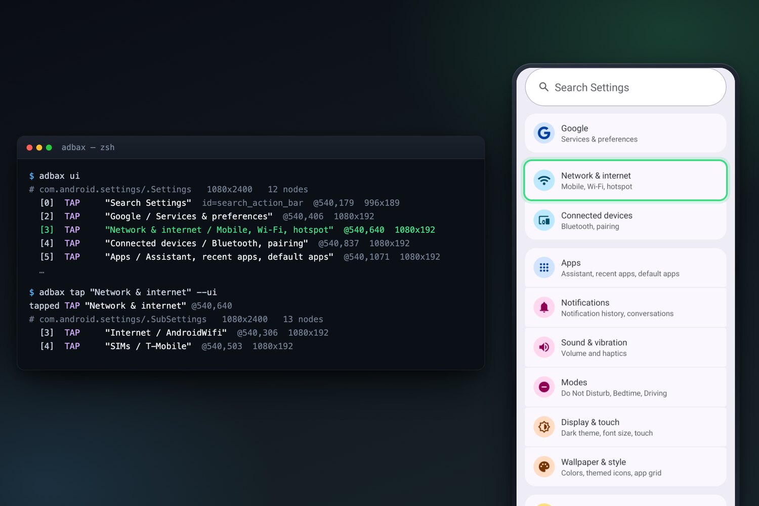 Ein Terminal listet die Buttons der Android-Einstellungen als Text auf, daneben ein Handy mit demselben Bildschirm, die Zeile „Network & internet“ markiert