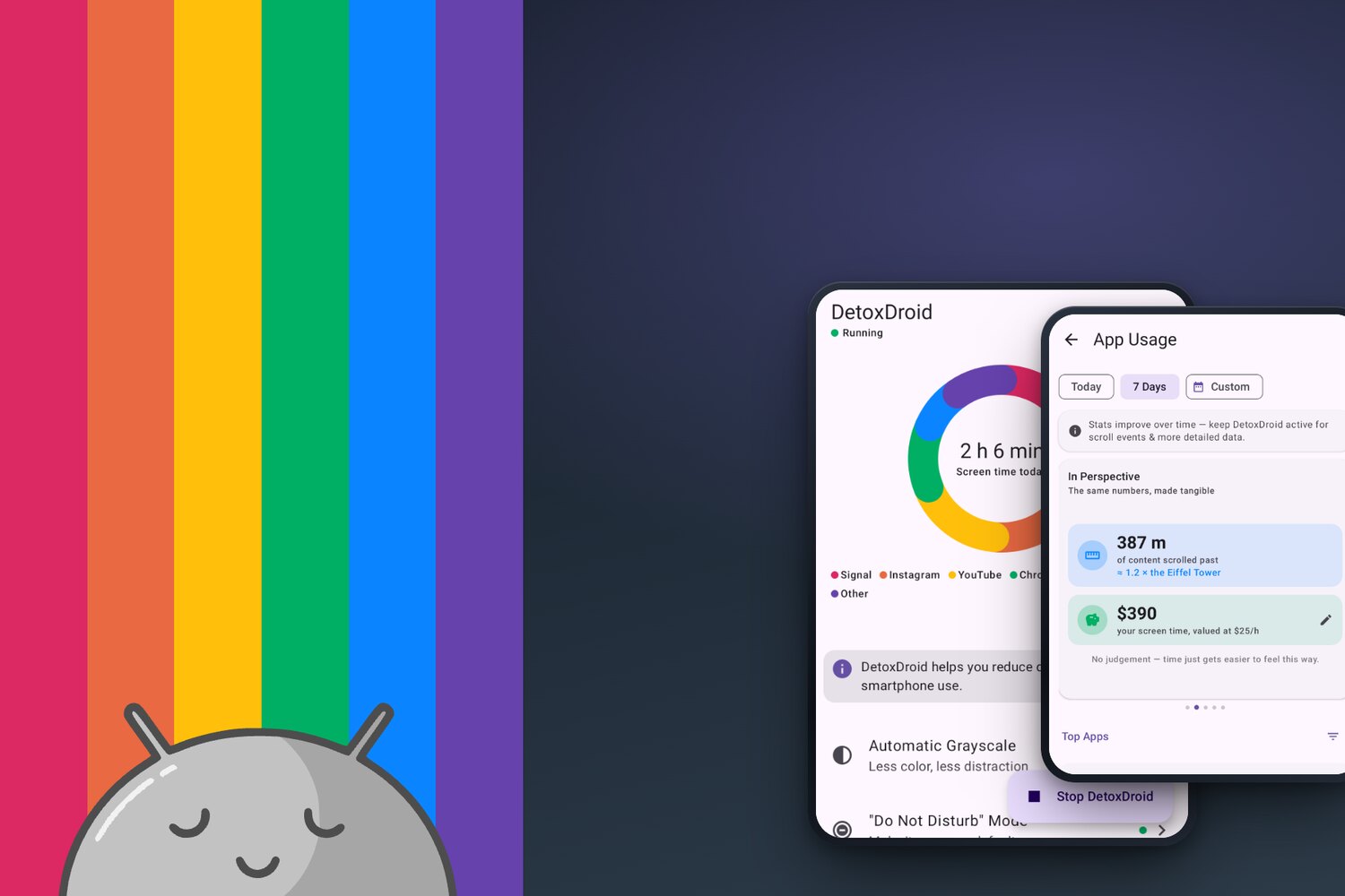 DetoxDroid: screen time breakdown and grayscale settings on two Android phones